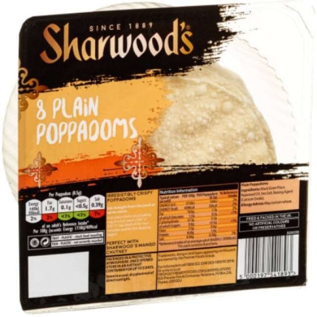 SHARWOODS 8 PLAIN POPPADUMS